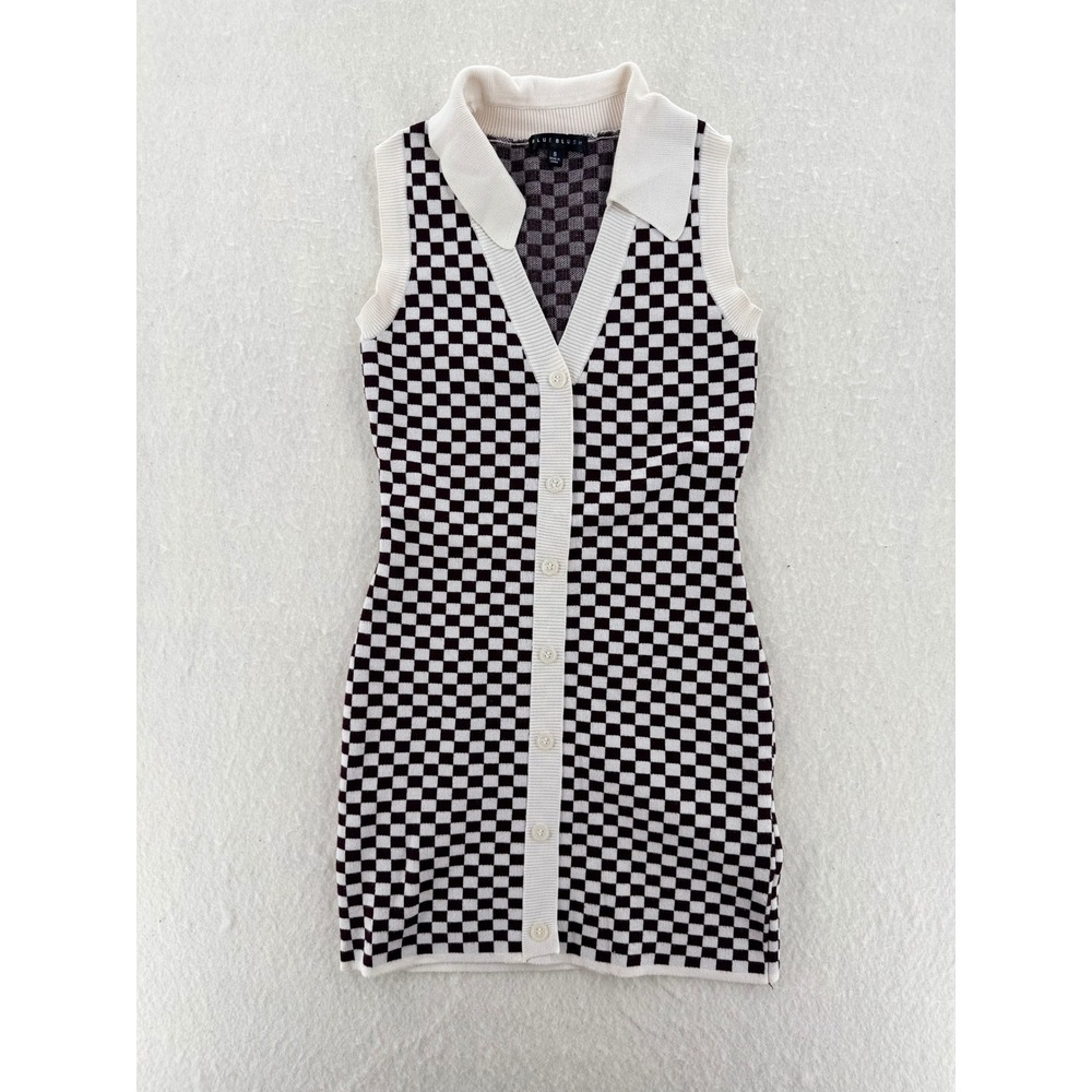 Blue Blush - Knit Mini Dress Checkered Button Front - Burgundy - S - Women